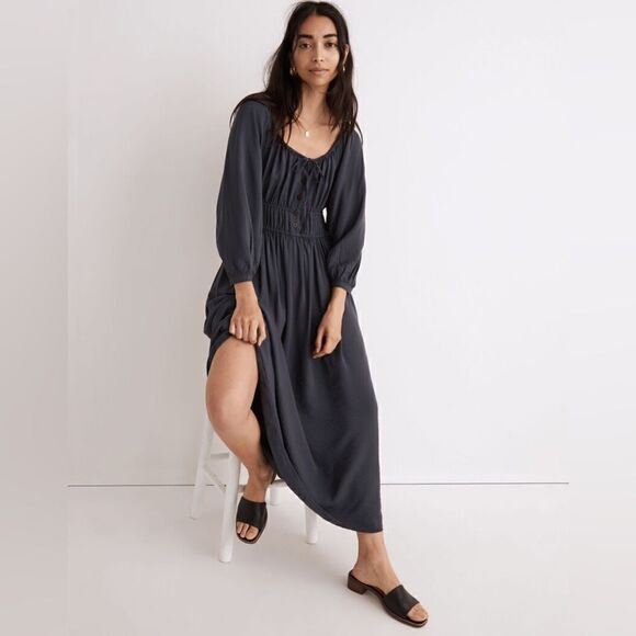 Madewell Petite Twill Sophia Midi Blue Dress Blouse Long Sleeve Size L - Picture 7 of 12